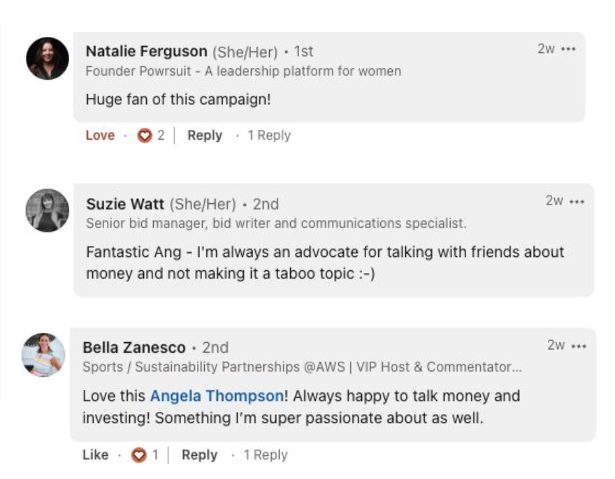 LinkedIn comments from Sharesights IWD campaign